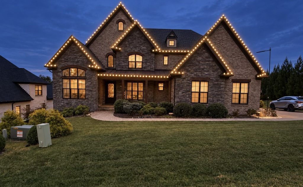 Photo-real render of the house with roofline lights